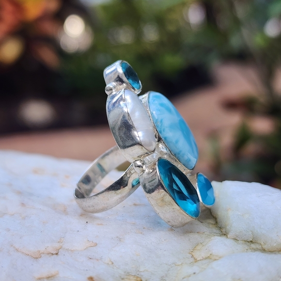 Silver 925 Ring Genuine Blue Larimar Chalc dony Stone Boho Unique Jewelry